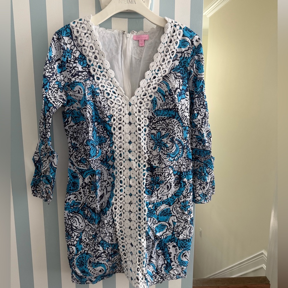 Lilly Pulitzer Blue and White Dress with Lace Detail